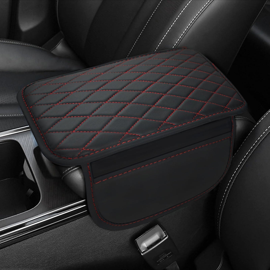 Auto accessory: universal fit PU leather car console armrest cover with handy storage pockets.