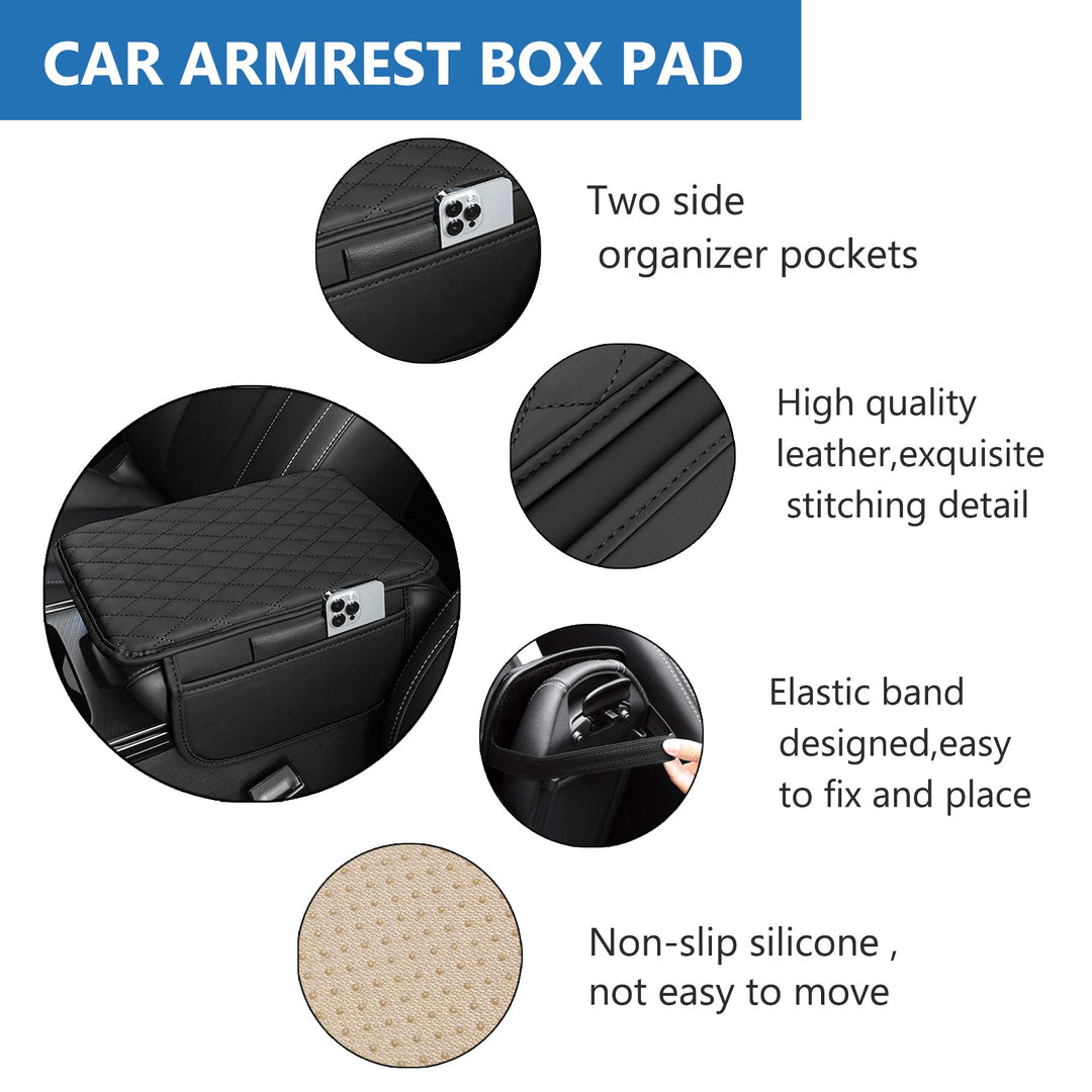 Keep car interior neat and organized with this armrest cover featuring built-in storage pockets.