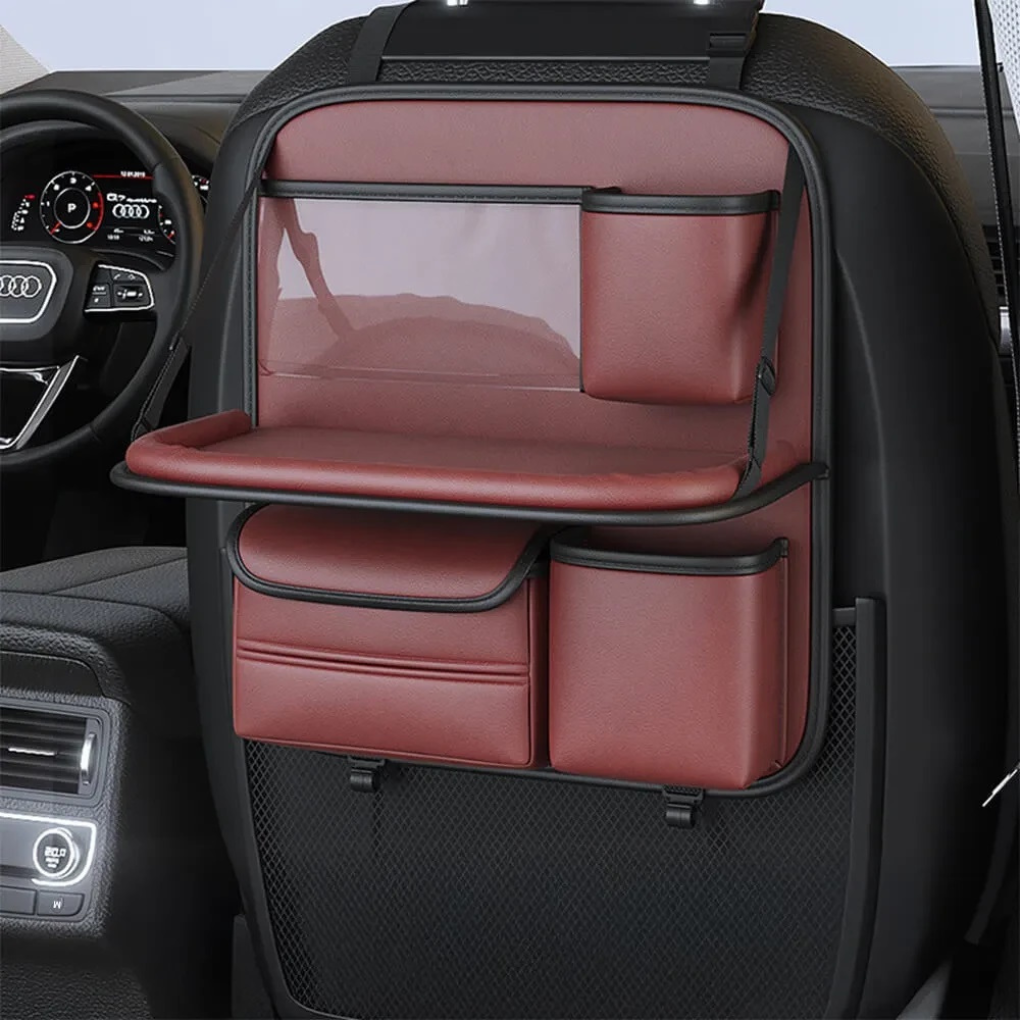 Close-up of the foldable tray on car seat back organizer, demonstrating its sturdy design for travel accessory