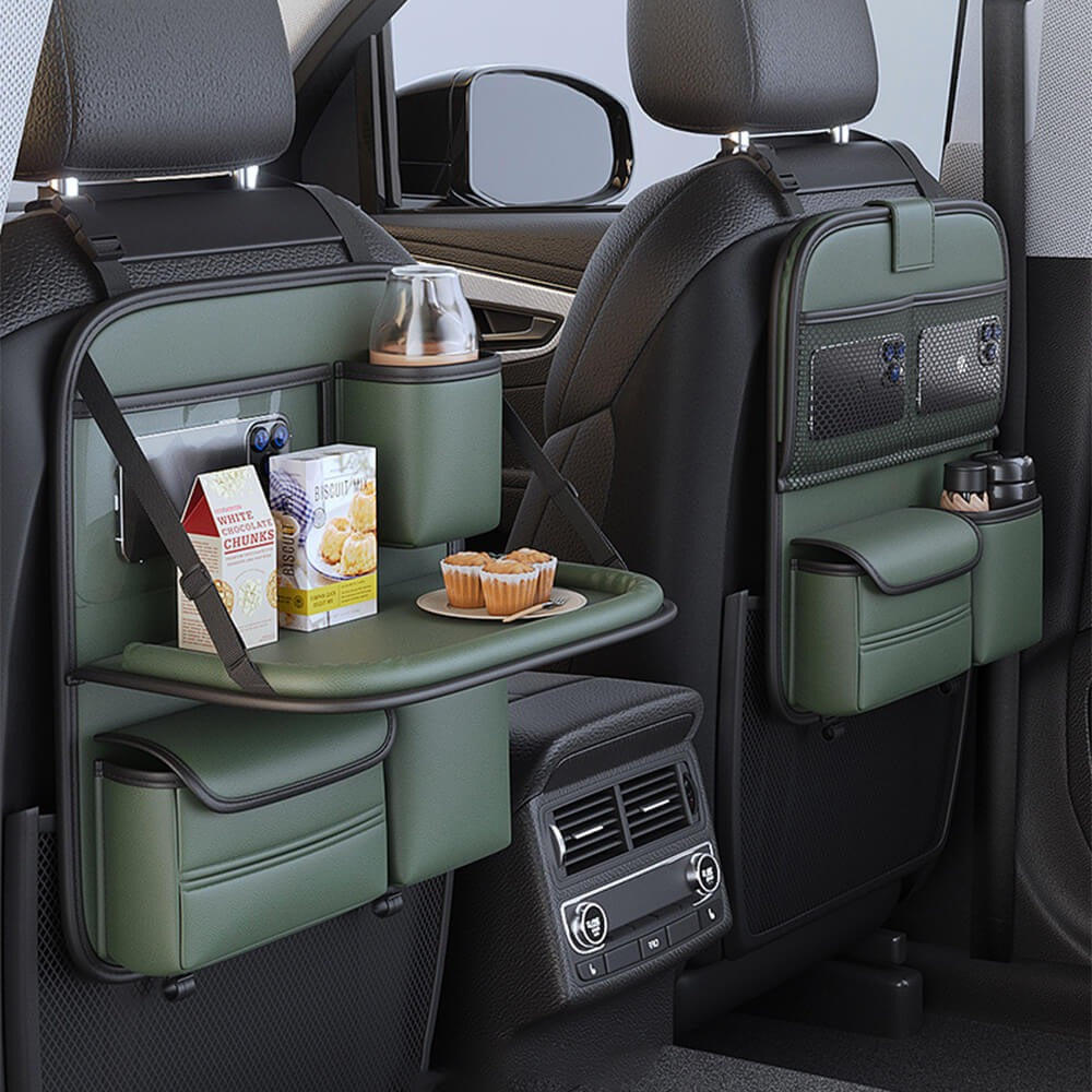 Practical car interior accessory: seat back organizer with accessible storage pockets and integrated tray