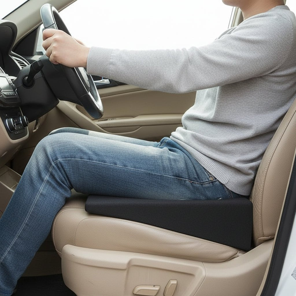 Ergonomic memory foam car seat cushion for posture support, driving comfort, and vehicle interior.