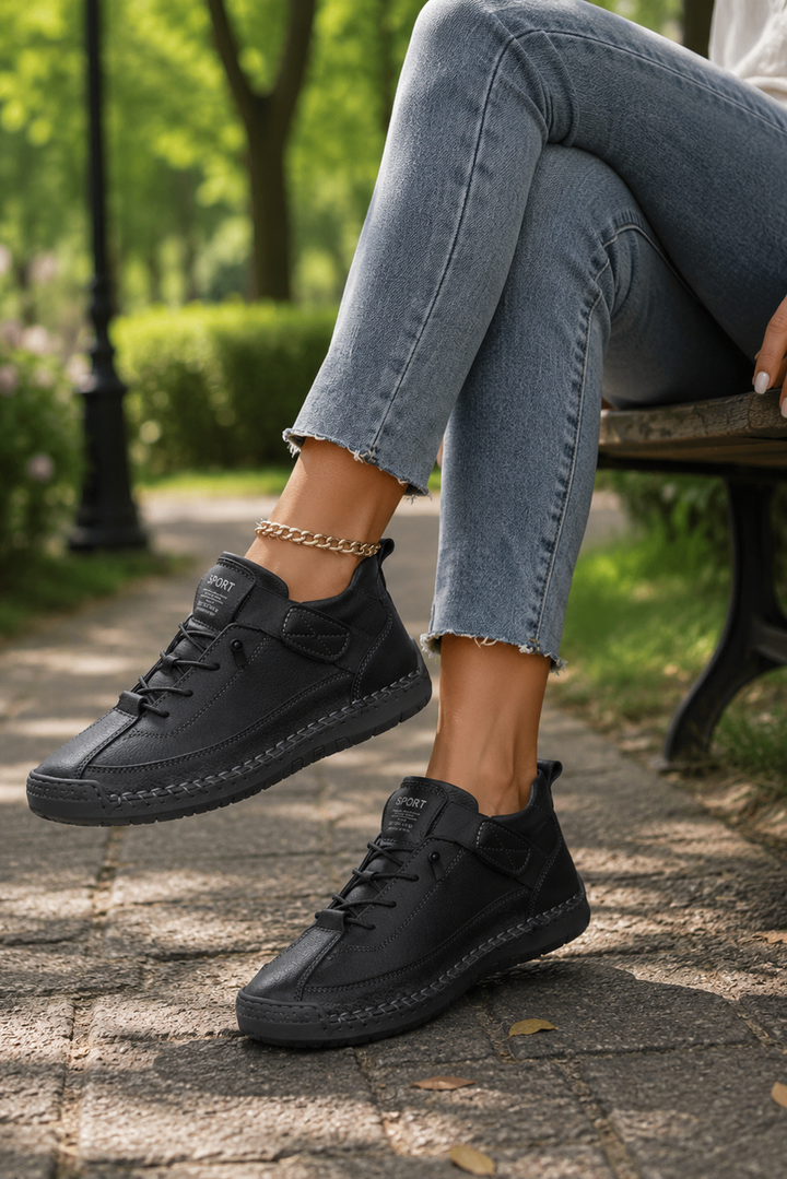 Side profile of modern design unisex walking shoes, breathable fabric for everyday comfort & versatility.
