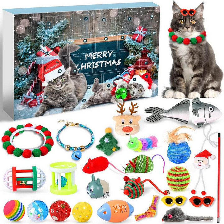 Unisex cat advent calendar with 24 festive pet toys, a perfect Christmas gift for felines.