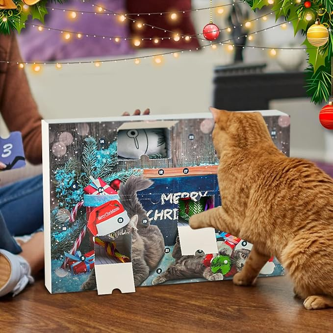 Christmas cat advent calendar for felines, filled with 24 individual cat toys for pets.