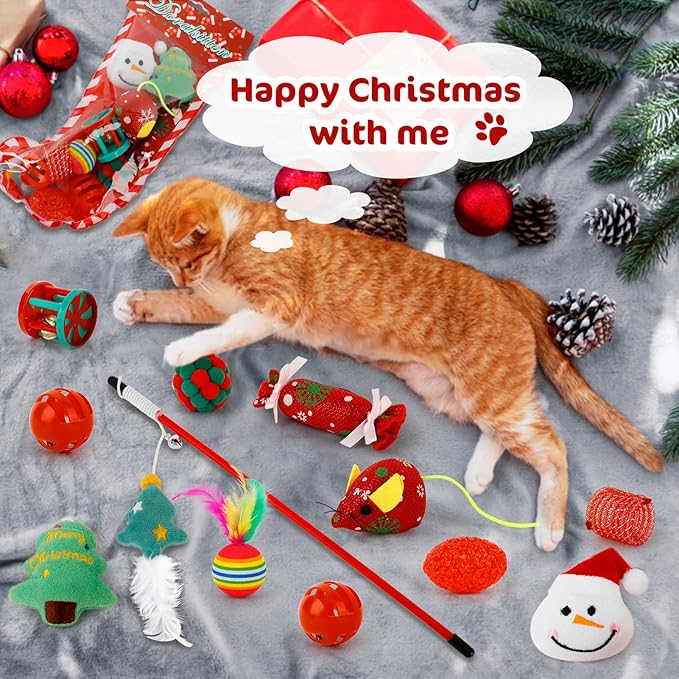 Unisex advent calendar for cats, showcasing 24 pet toys in a festive holiday box, ideal cat gift.