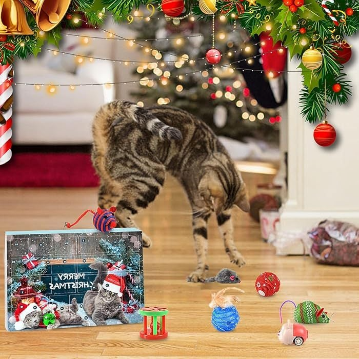 Holiday themed cat advent calendar with 24 diverse pet toys, great for feline Christmas joy.