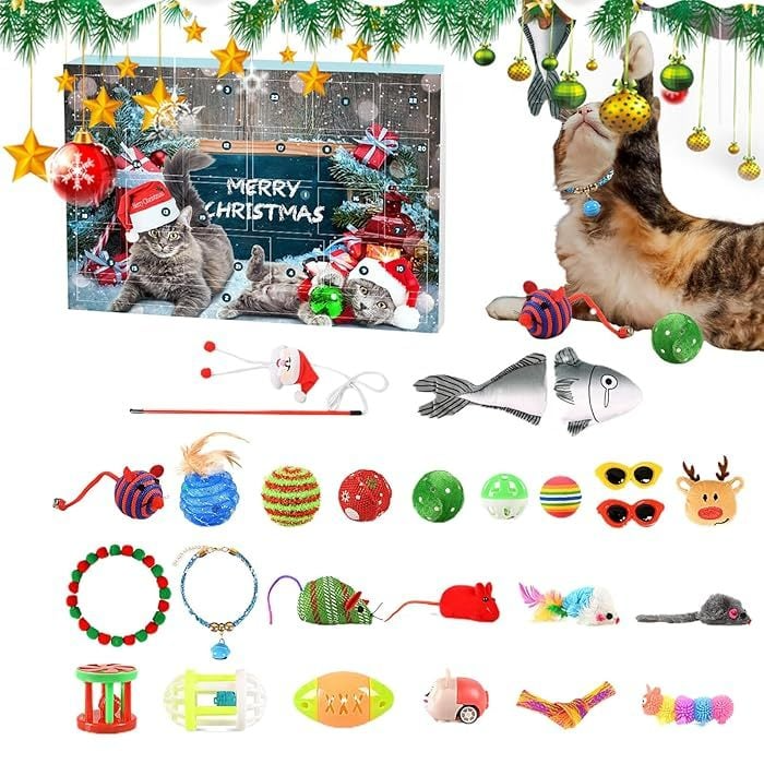 Cat pet supplies: an advent calendar with 24 enriching toys, a gender-neutral Christmas gift for cats.