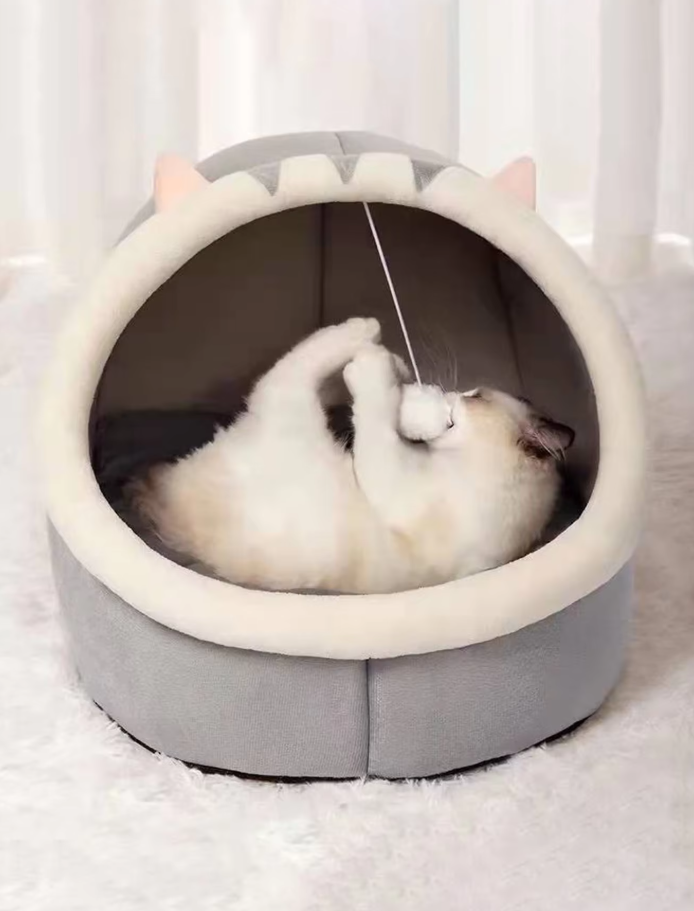 Pet supplies: Animal comfort igloo cat bed in neutral tone with an integrated play ball for sleep and fun.
