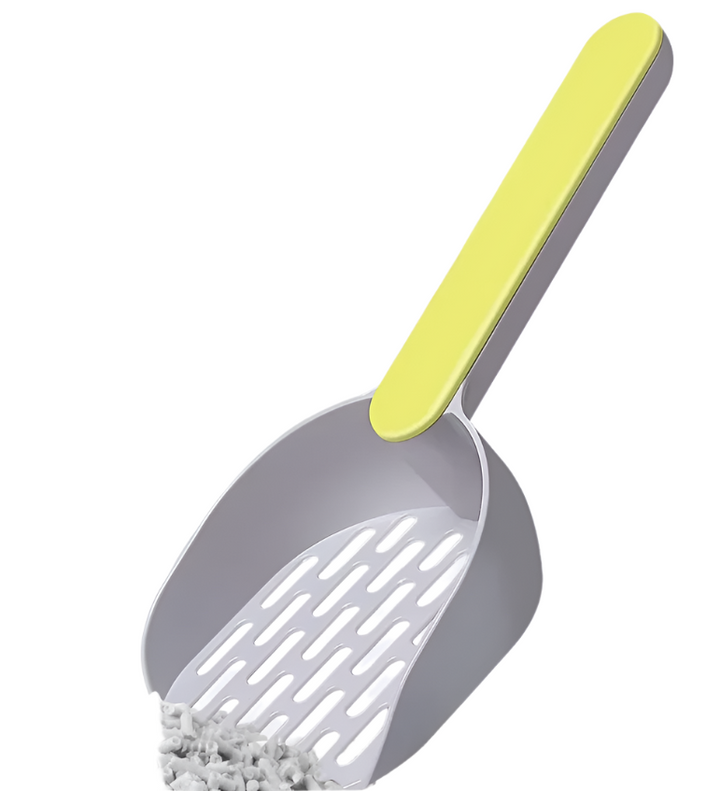 Ergonomic cat litter scoop with matching stand, gray, essential litter box accessory for cat care