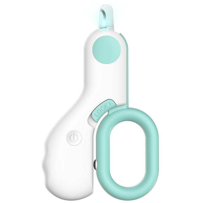 Ergonomic cat paw care tool; unisex nail trimmer with length adjustment and LED light