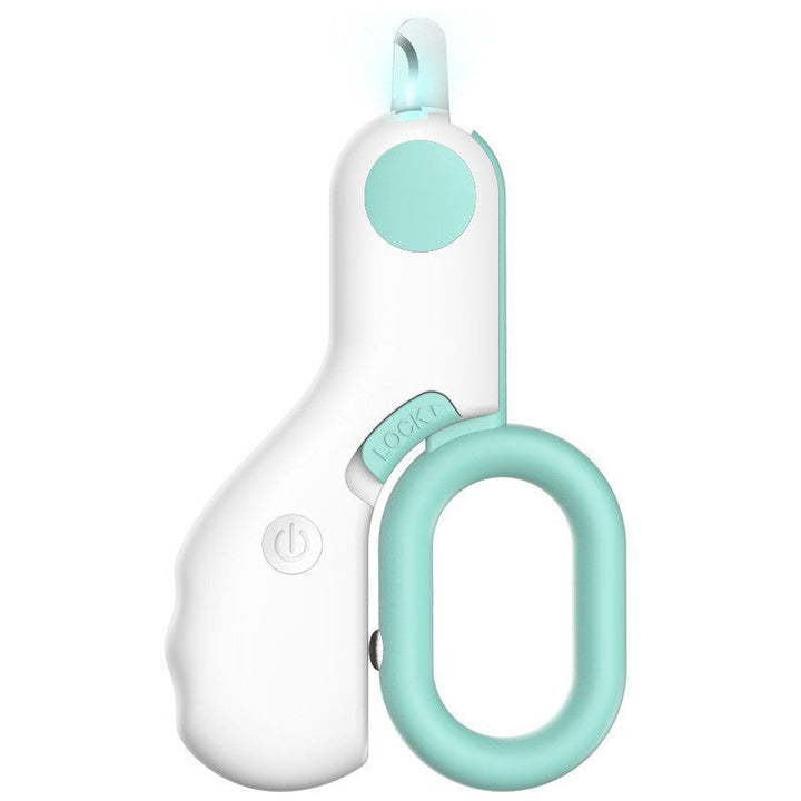 Ergonomic cat paw care tool; unisex nail trimmer with length adjustment and LED light