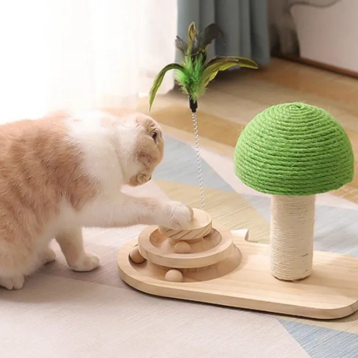 Unisex cat scratching post with interactive feather toy for pet entertainment and claw care, green color.