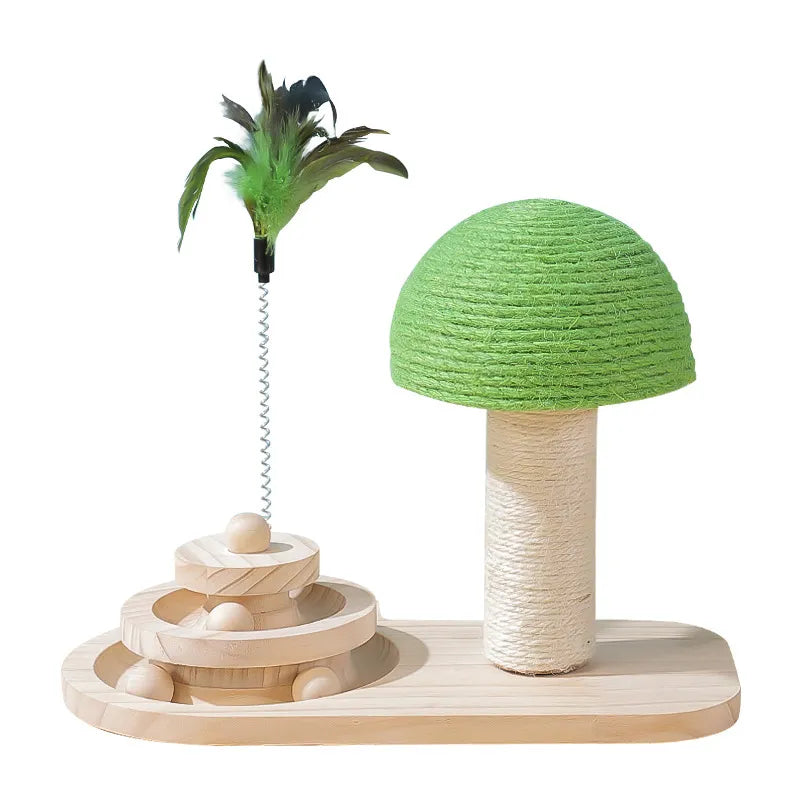 Green cat scratching post with dangling feather toy, perfect interactive pet accessory for feline claw care.