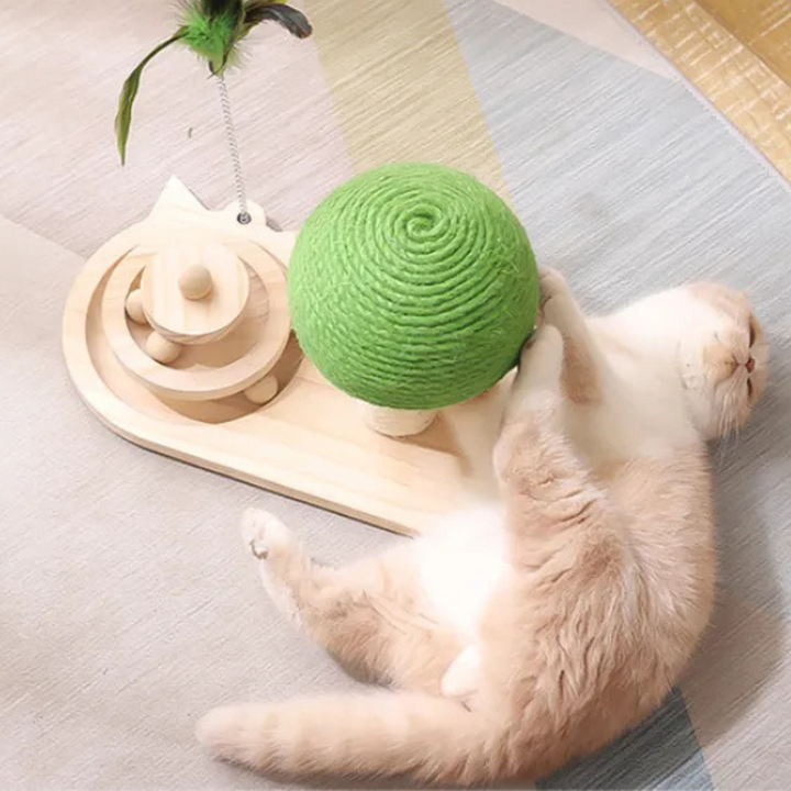 Interactive cat feather toy integrated into a green scratching post, ideal for cat entertainment and health.