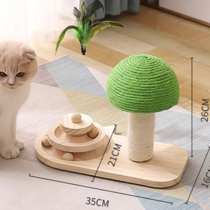 Cat entertainment scratching post in green, featuring an attached feather toy for active playtime and claw maintenance.