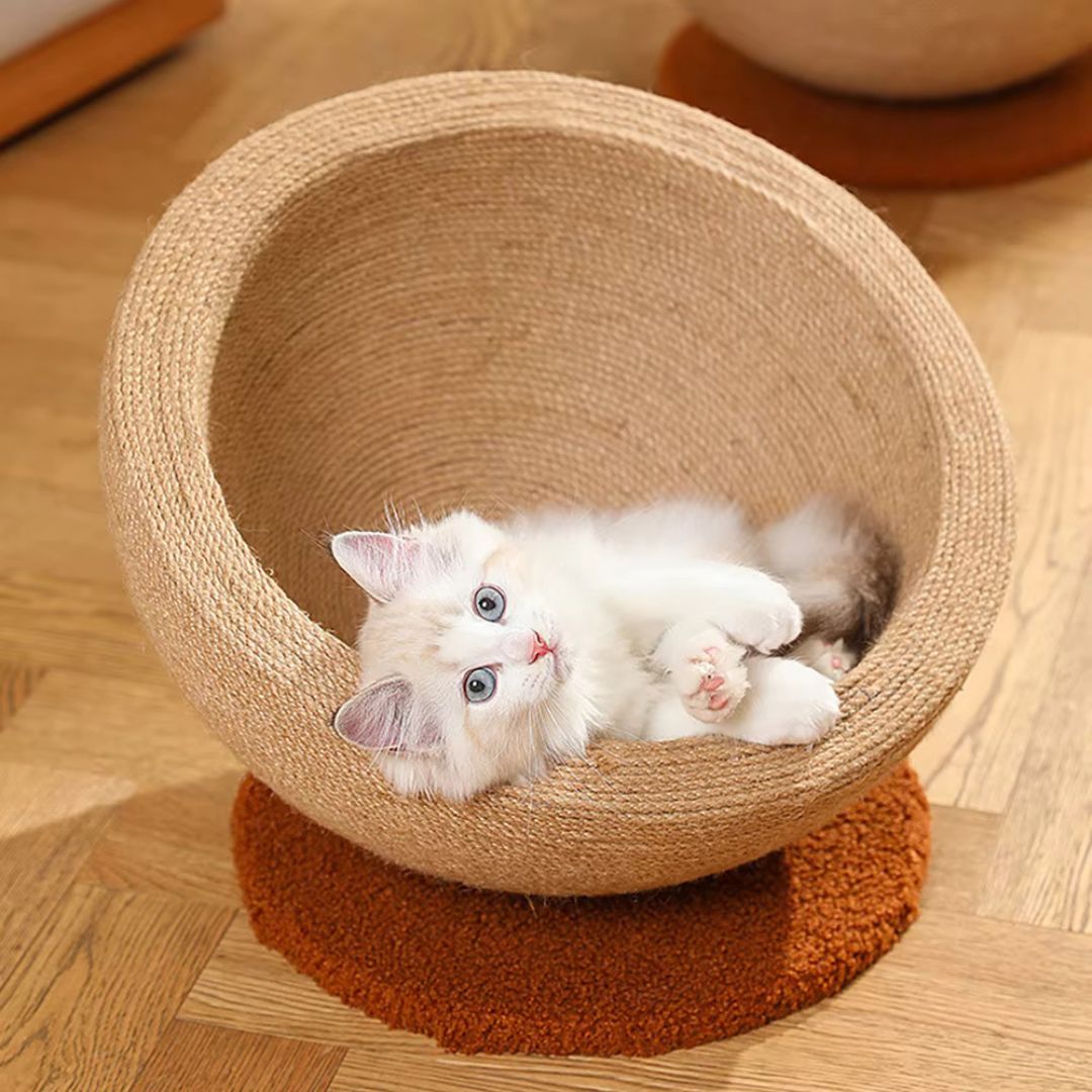 Round cat bed and scratcher made from sisal, perfect for pet lounge and claw care accessory.