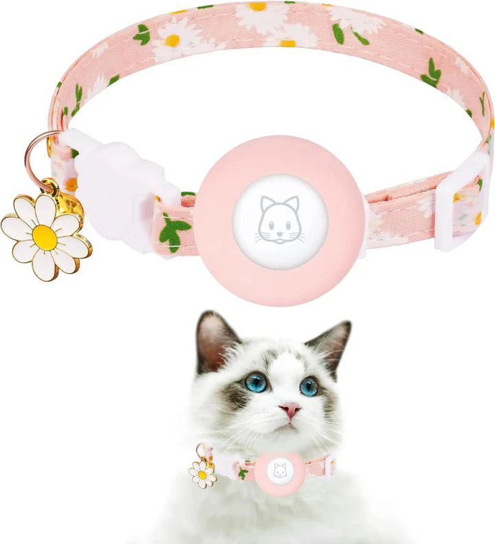 Colorful nylon cat collar with secure AirTag holder and breakaway buckle ensure pet tracking and safety.
