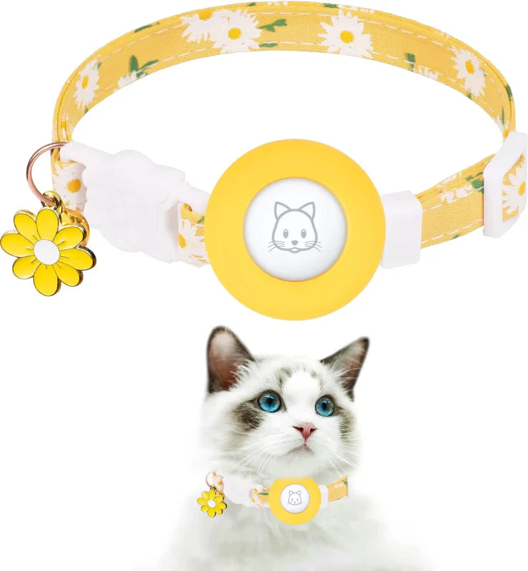 Cat collar in vibrant color with built-in AirTag holder, breakaway safety buckle, and jingling bell.