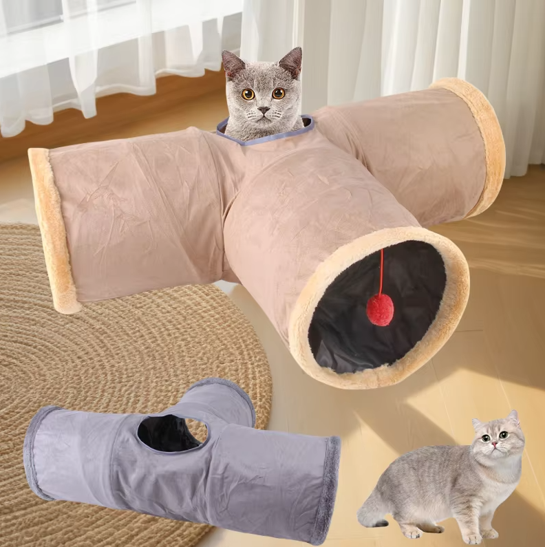 Beige cat tunnel toy with viewing panel, ideal for cats to play, hide, and observe