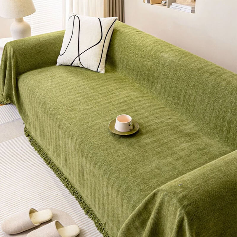 Close-up of herringbone texture on chenille sofa slipcover, durable furniture protector, washable couch cover