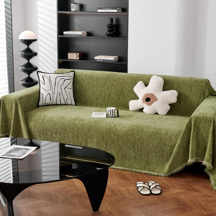 Top-down view of a durable chenille sofa cover, providing complete furniture protection for all seasons