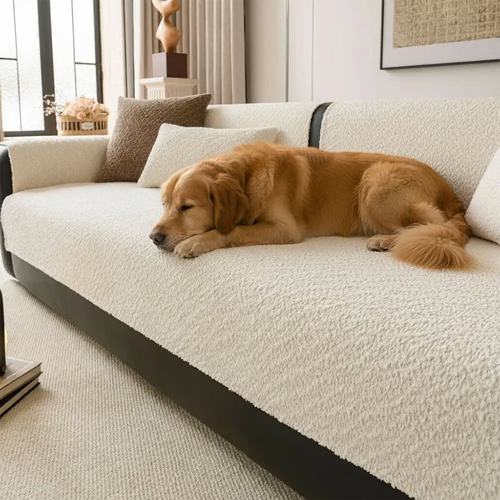 Unisex chenille sofa cover in a neutral tone, providing pet-proof scratch protection for furniture