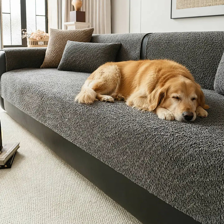 Close-up of chenille sofa protector texture, highlighting its scratch-resistant and pet-friendly features