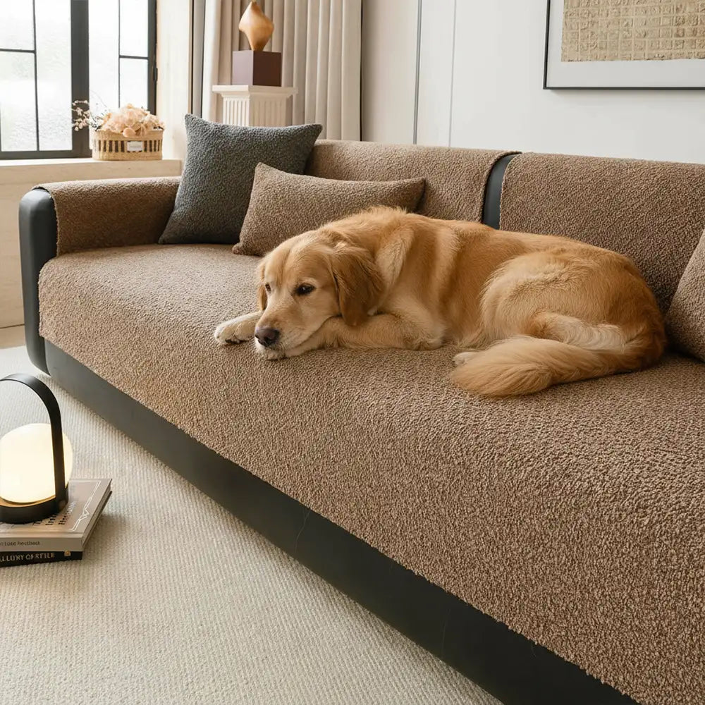Machine washable chenille sofa cover, demonstrating its non-slip design for practical pet-friendly use
