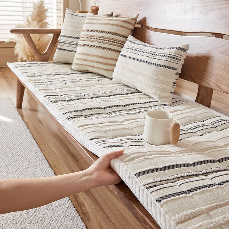 Warm chenille striped sofa cover, non-slip, enhances living room, pet friendly