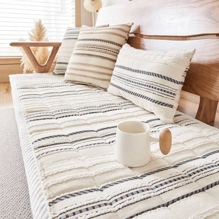 Soft chenille striped couch cover, non-slip design for furniture protection, washable and pet friendly