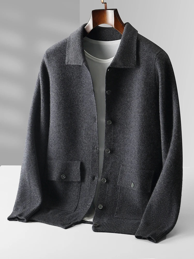 Classic polo collar cardigan, a versatile knit sweater for autumn & winter layering.