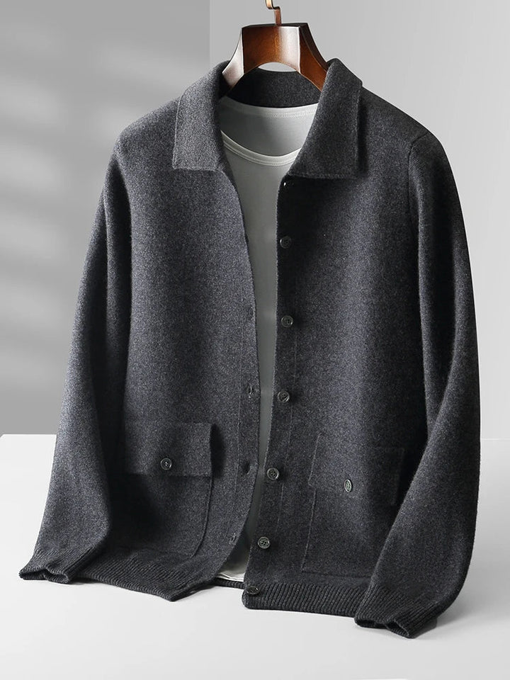 Classic polo collar cardigan, a versatile knit sweater for autumn & winter layering.