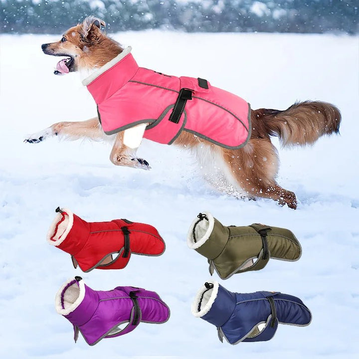 Unisex cold-resistant winter dog coat, yellow, reflective details, on brown dog, outdoor safety