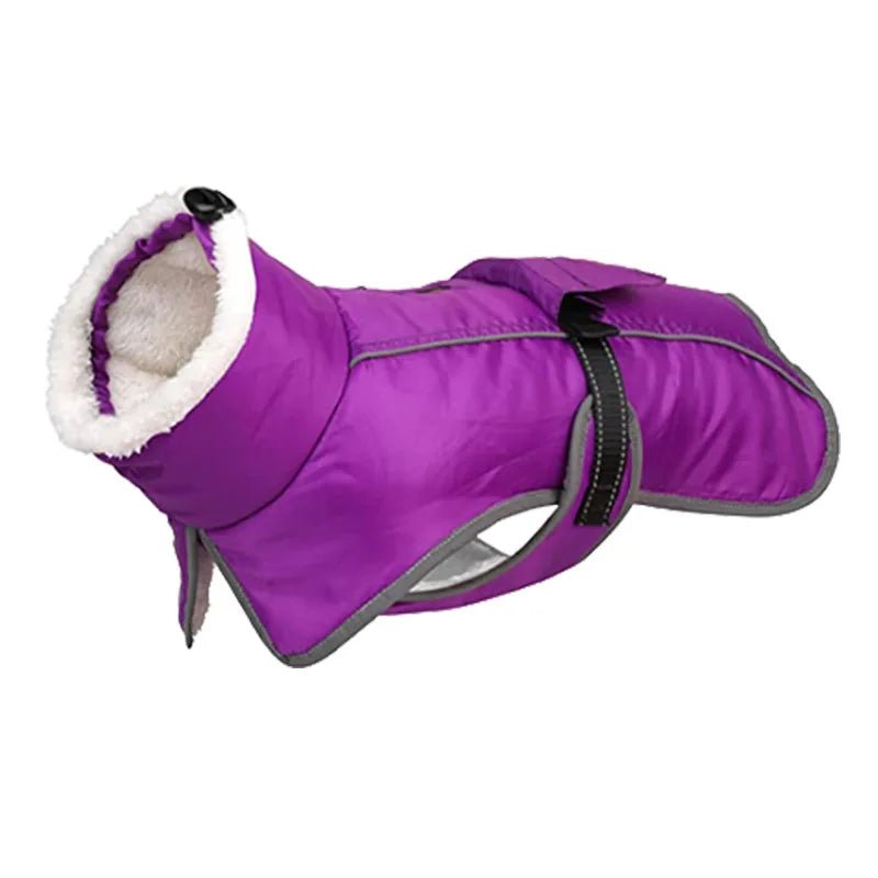 Reflective pet wear: durable dog coat, red, adjustable straps, ensuring visibility for cold-weather walks