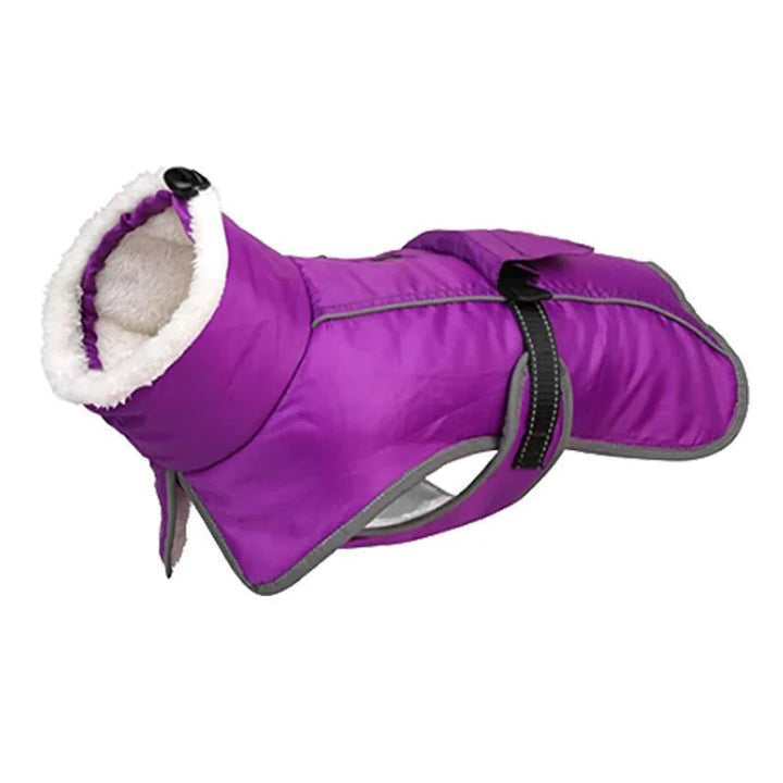 Reflective pet wear: durable dog coat, red, adjustable straps, ensuring visibility for cold-weather walks