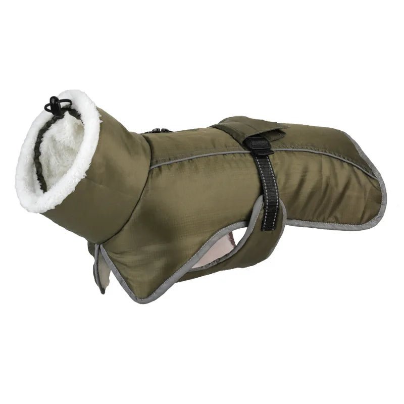 Back view of large dog apparel, orange winter coat with reflective strips, for enhanced low light visibility