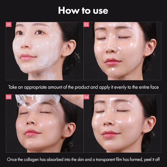 Applying the unisex collagen facial mask, enhancing youthful radiance & hydration. K-Beauty skincare treatment.