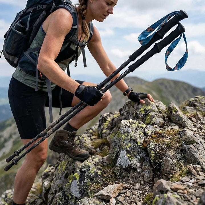 Unisex collapsible carbon fiber trekking poles for hiking & backpacking. Lightweight & foldable.