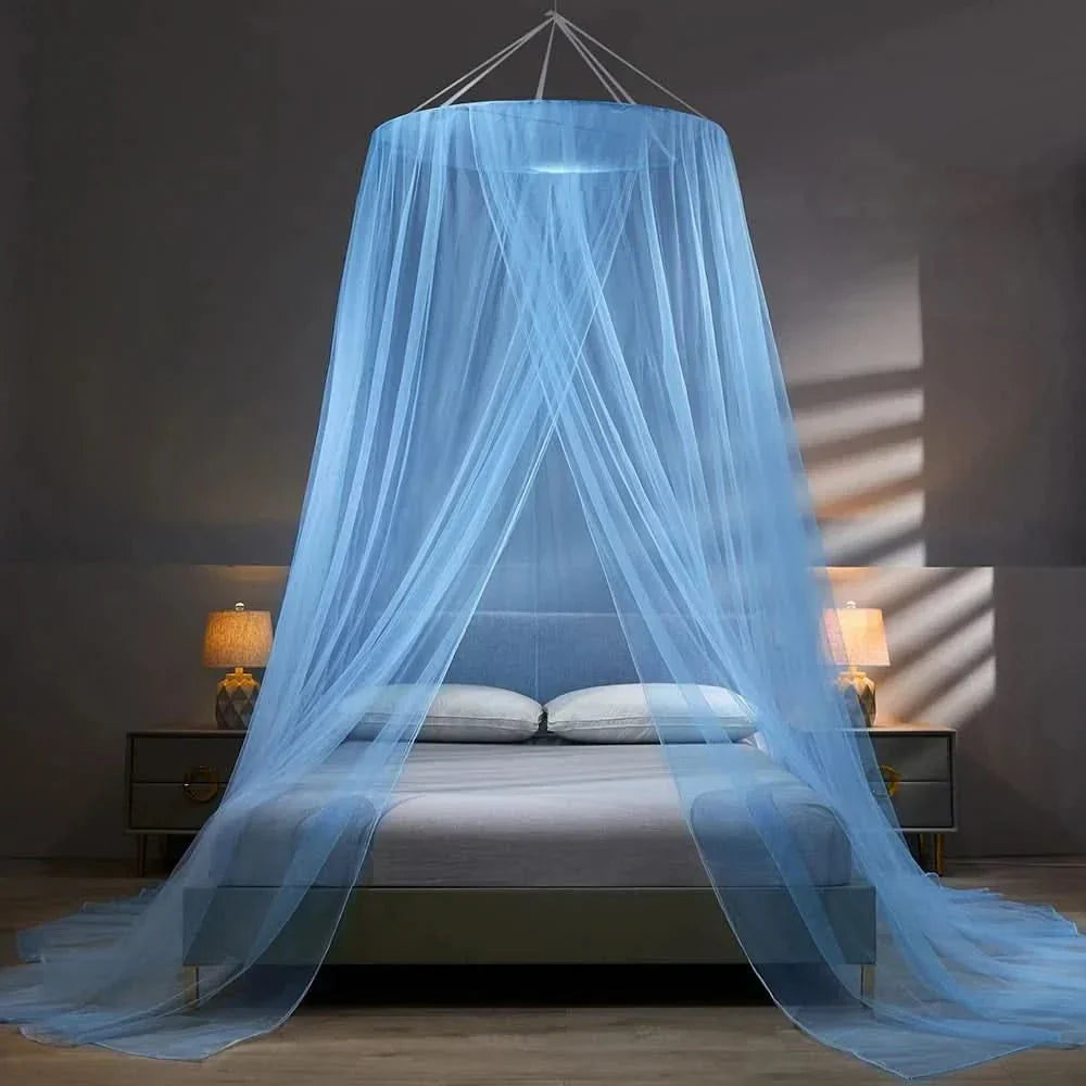 White collapsible bug net providing peaceful insect protection in a cozy bedroom setting. Enhances sleep comfort.