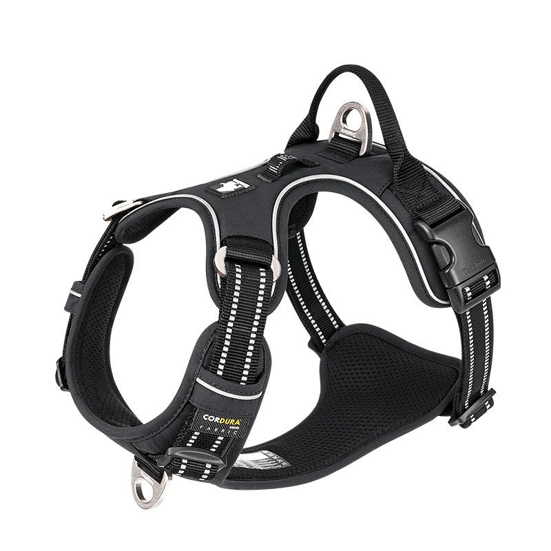 Dog wearing an adjustable comfort control pet harness, showcasing ergonomic design for walking & outdoor adventures.