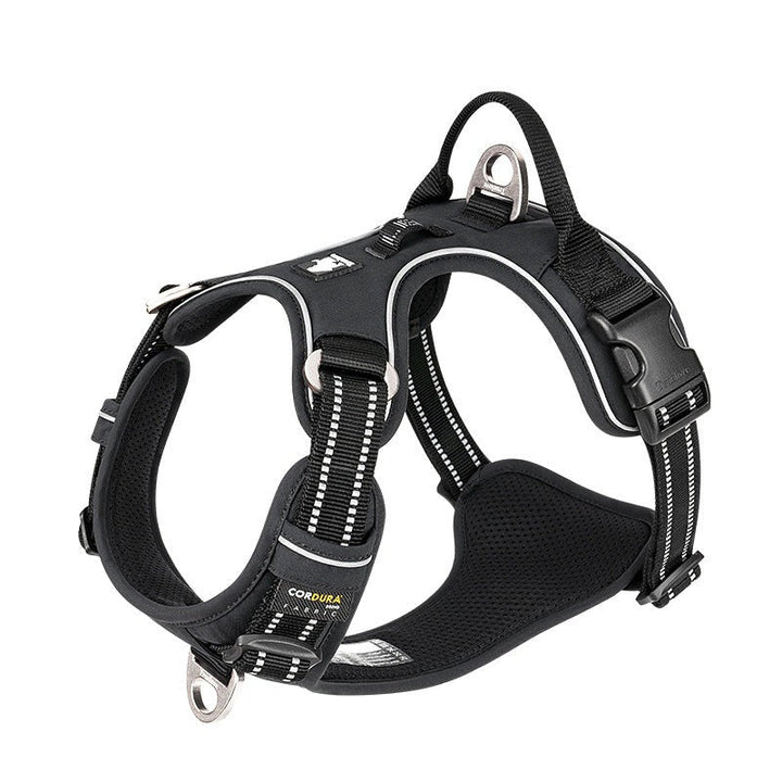 Dog wearing an adjustable comfort control pet harness, showcasing ergonomic design for walking & outdoor adventures.
