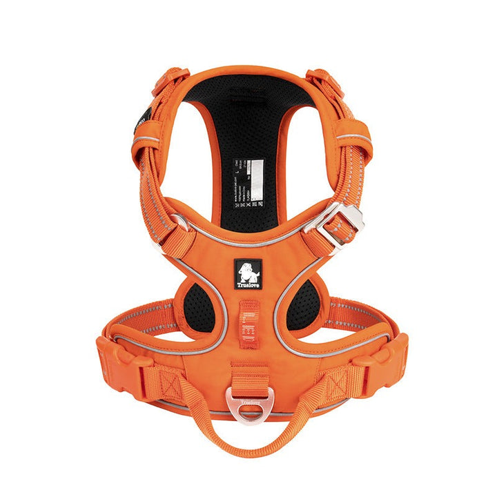 Detail of the secure buckle and leash attachment ring on a durable, adjustable comfort pet harness for dogs.