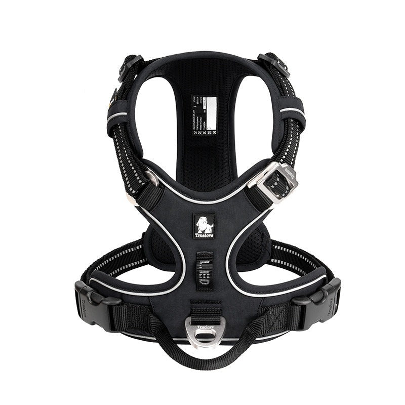 Packaging shot of a unisex comfort control pet harness, highlighting key features like adjustability and reflective safety.