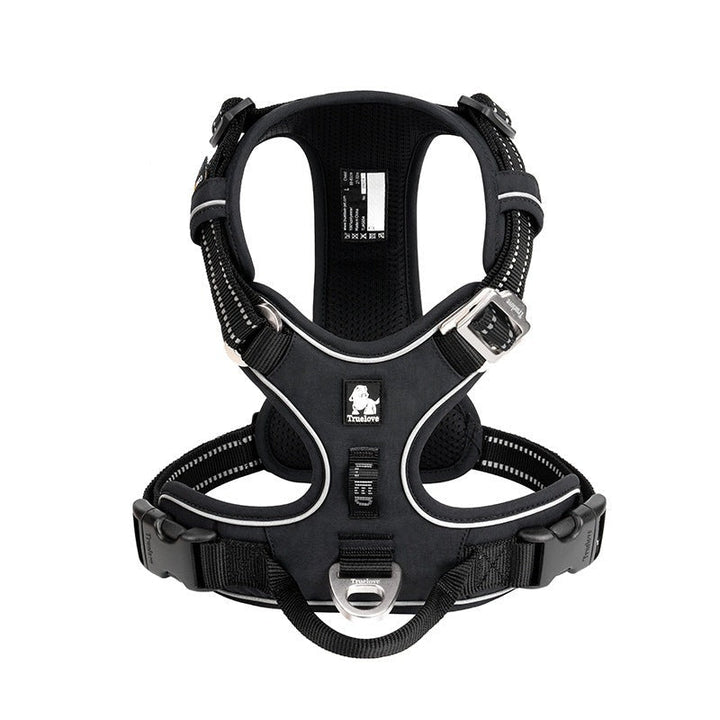 Packaging shot of a unisex comfort control pet harness, highlighting key features like adjustability and reflective safety.