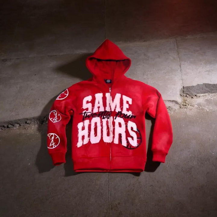 Stylish unisex zip-up hoodie, comfortable and versatile for streetwear or casual outfits. Bold fashion statement.