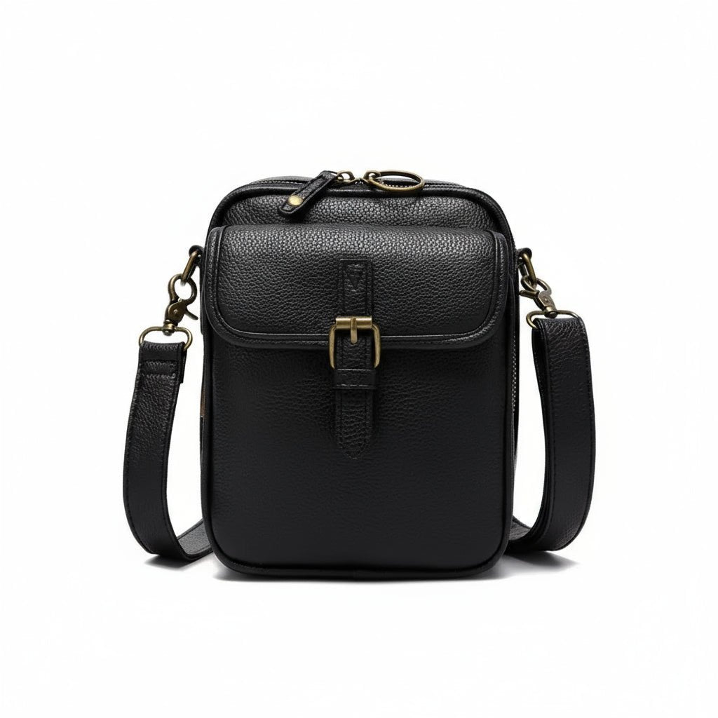 Front view of a sleek compact anti-theft sling bag. Unisex design with secure compartments & adjustable strap.