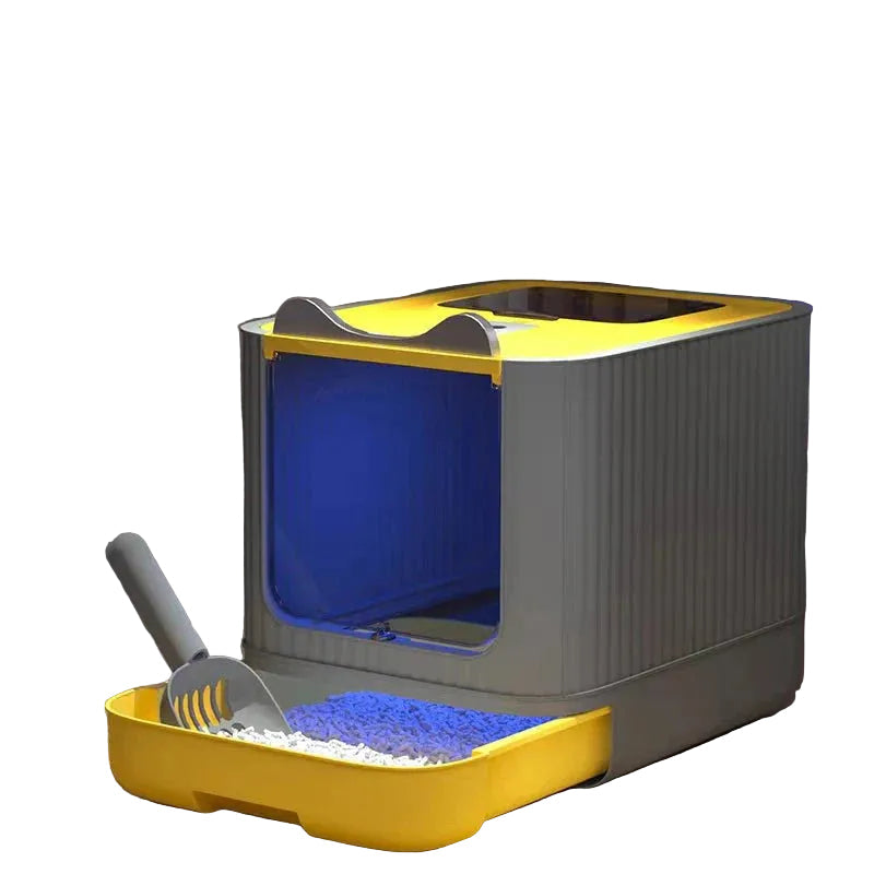 Closed cat litter box with odor control feature, providing feline privacy and easy cleaning access