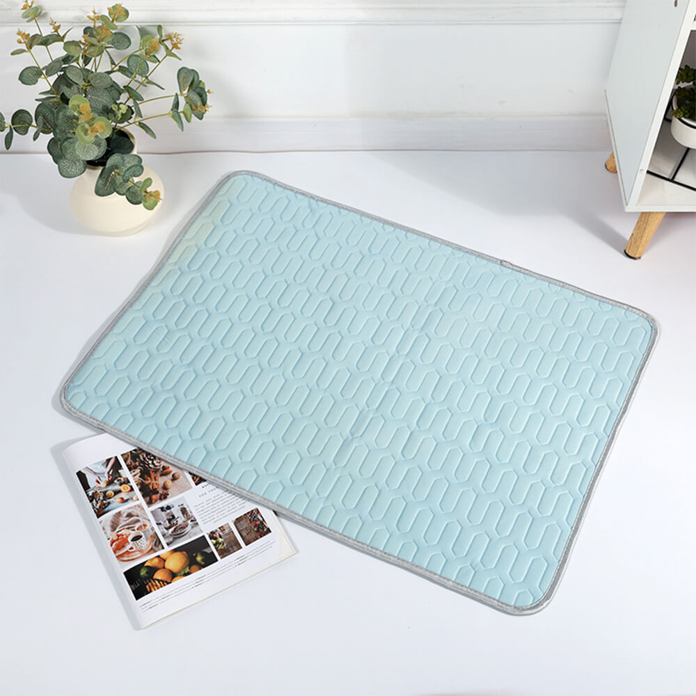 Family pet enjoying a cooling pet mat, essential summer accessory for dogs and cats