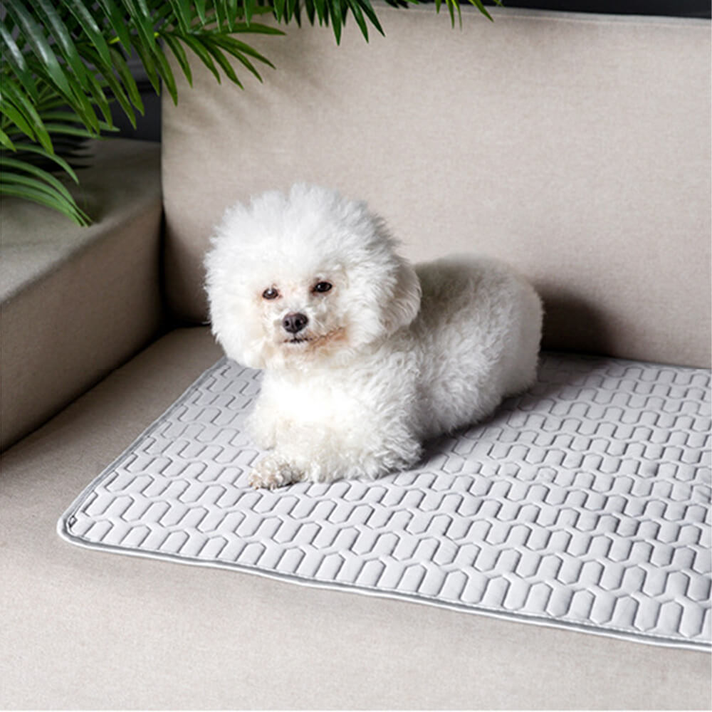 Washable cooling pet mat in a neutral color, perfect for indoor or outdoor use by dogs and cats