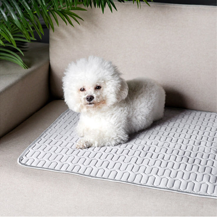 Washable cooling pet mat in a neutral color, perfect for indoor or outdoor use by dogs and cats